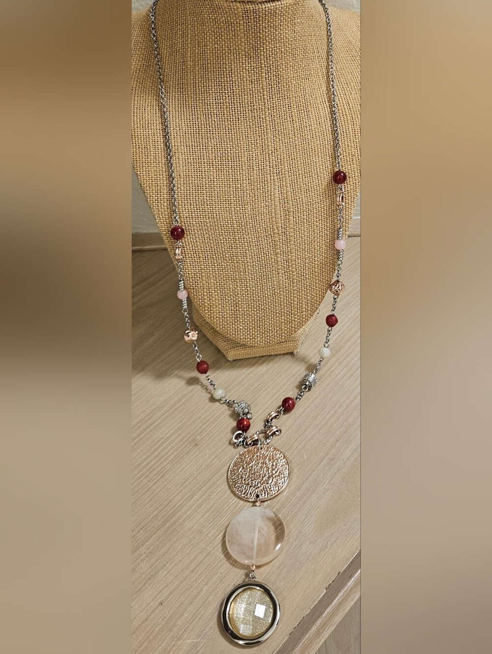 CHICO'S MEDALLION SILVER-TONE ROSE GOLD GLASS BEADS  BOHEMIAN LONG NECKLACE - Picture 4 of 16